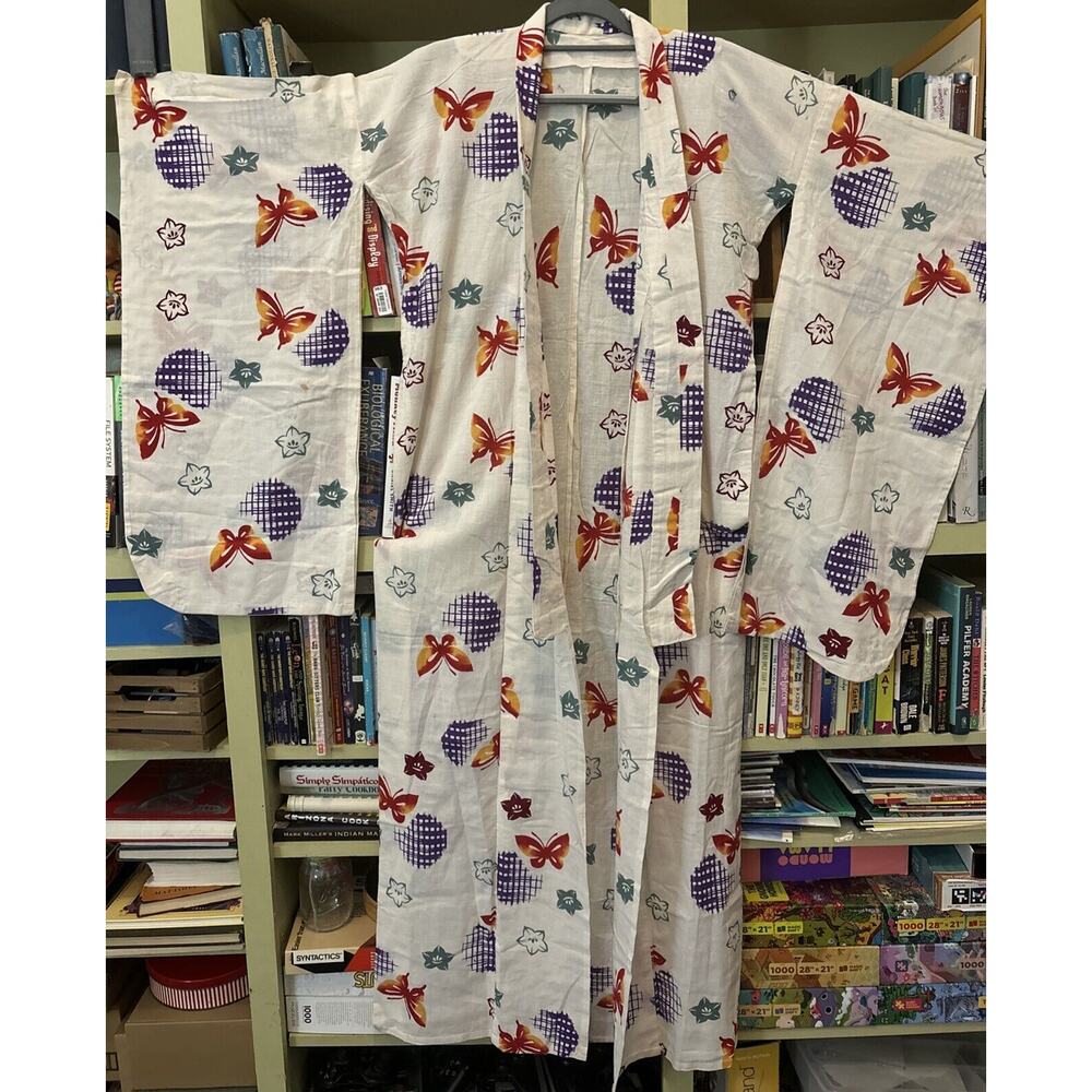 Women Kimono Robe White Butterfly Leaf Cotton Japanese Furisode Purple Red Green